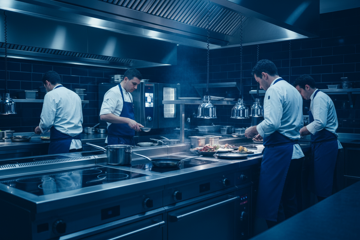 cria uma imagem de linha proficional de cozinha , sempre com tuns de azul escoro